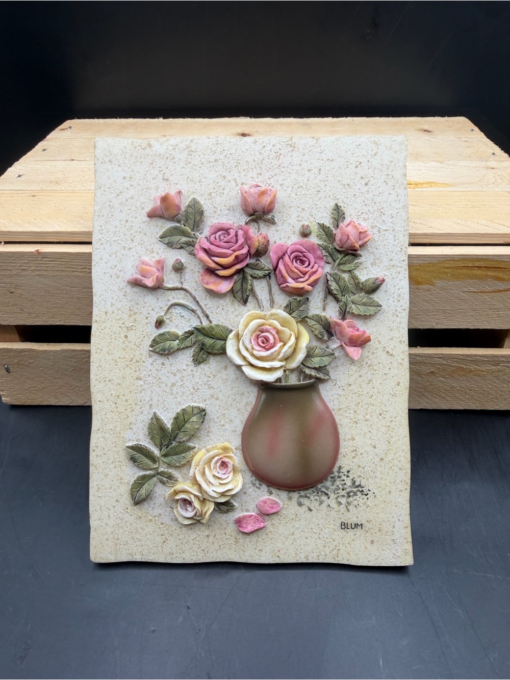 Vintage Blum Raised Rose Floral Vase Wall Plaque Cottagecore Decor